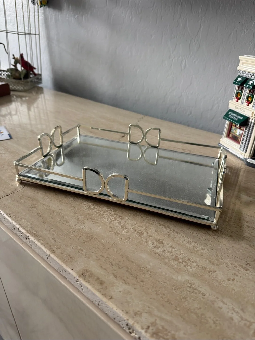 Elegant Silver Glass Vanity Tray - Decorative D Ring Accent